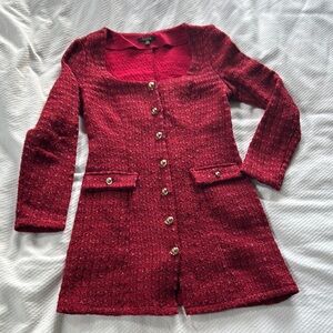 Chic Red Tweed Long Blazer Dress with Gold Buttons